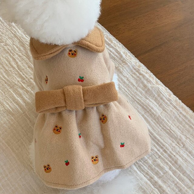 QWZNDZGR Autumn Winter New Puppy Full Print Bear Bow Sweater Dress Cat