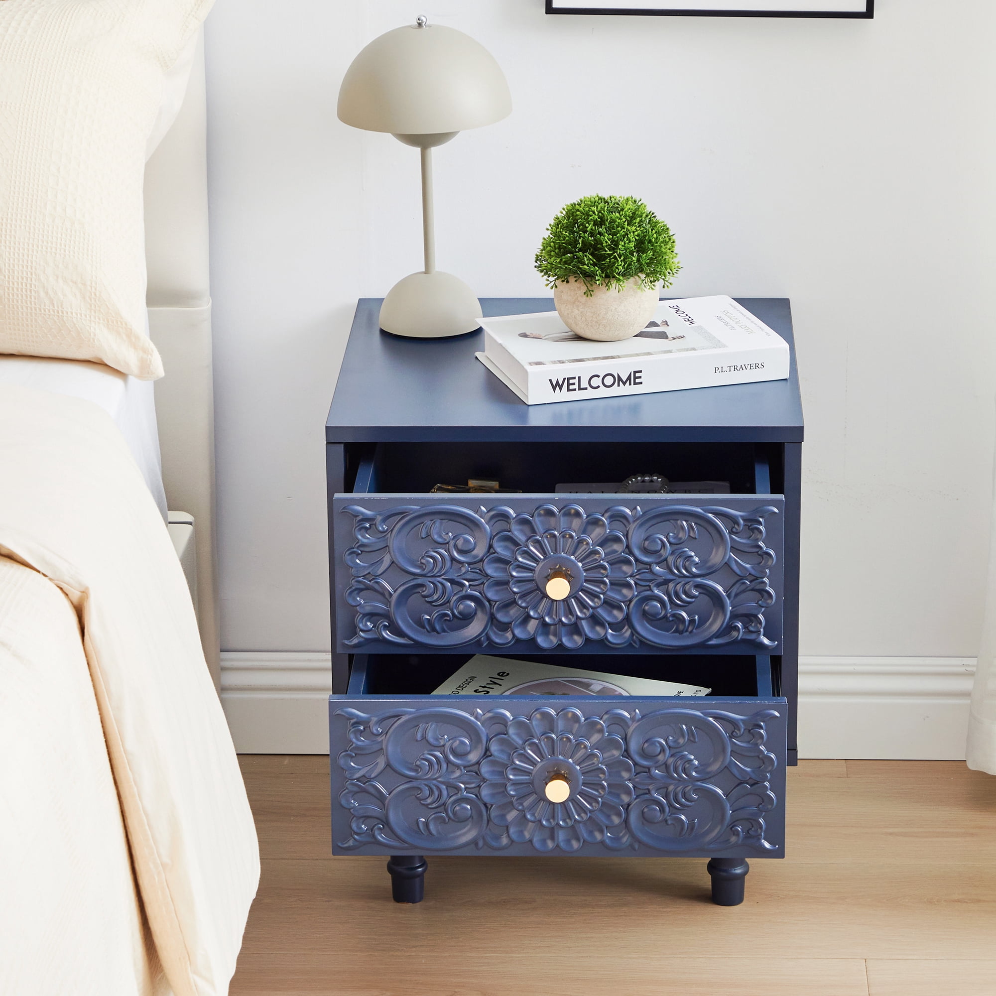Wirrytor Vintage Short Nightstand with 2 Drawers, Bedside Table 2 Drawer Dresser with Embossed Pattern, Storage End Table with Wooden Legs for Bedroom & Living Room,Blue