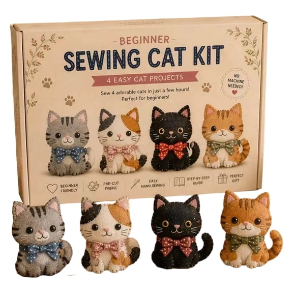 Beginner Sewing Cat Kit DIY 3D Felt Craft Set for Adults Kids Includes Pre Cut Fabric Accessories Easy Hand Sewing Home Decor Gifts DIY Patchwork Animal KIT