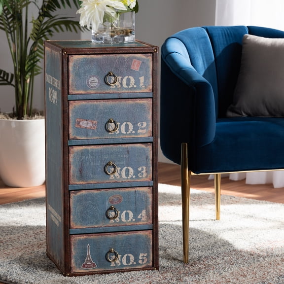 Baxton Studio Alba Vintage Rustic French Inspired Blue Finished Wood 5-Drawer Accent Storage Chest