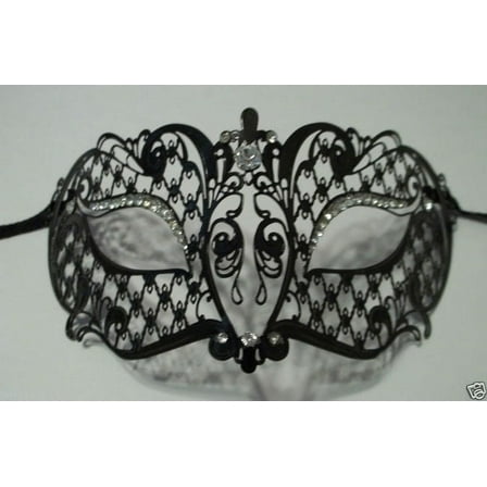 Black Crystal Laser Cut Venetian Mask Masquerade Ball Halloween Metal Filigree