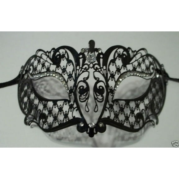 Black Crystal Laser Cut Venetian Mask Masquerade Ball Halloween Metal Filigree