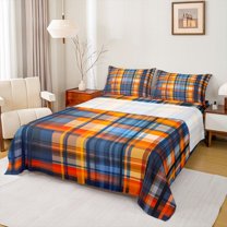 Castle Fairy Teens Adults Blue Orange Checkered Queen Sheet Sets,Stripes Plaid Bed Set