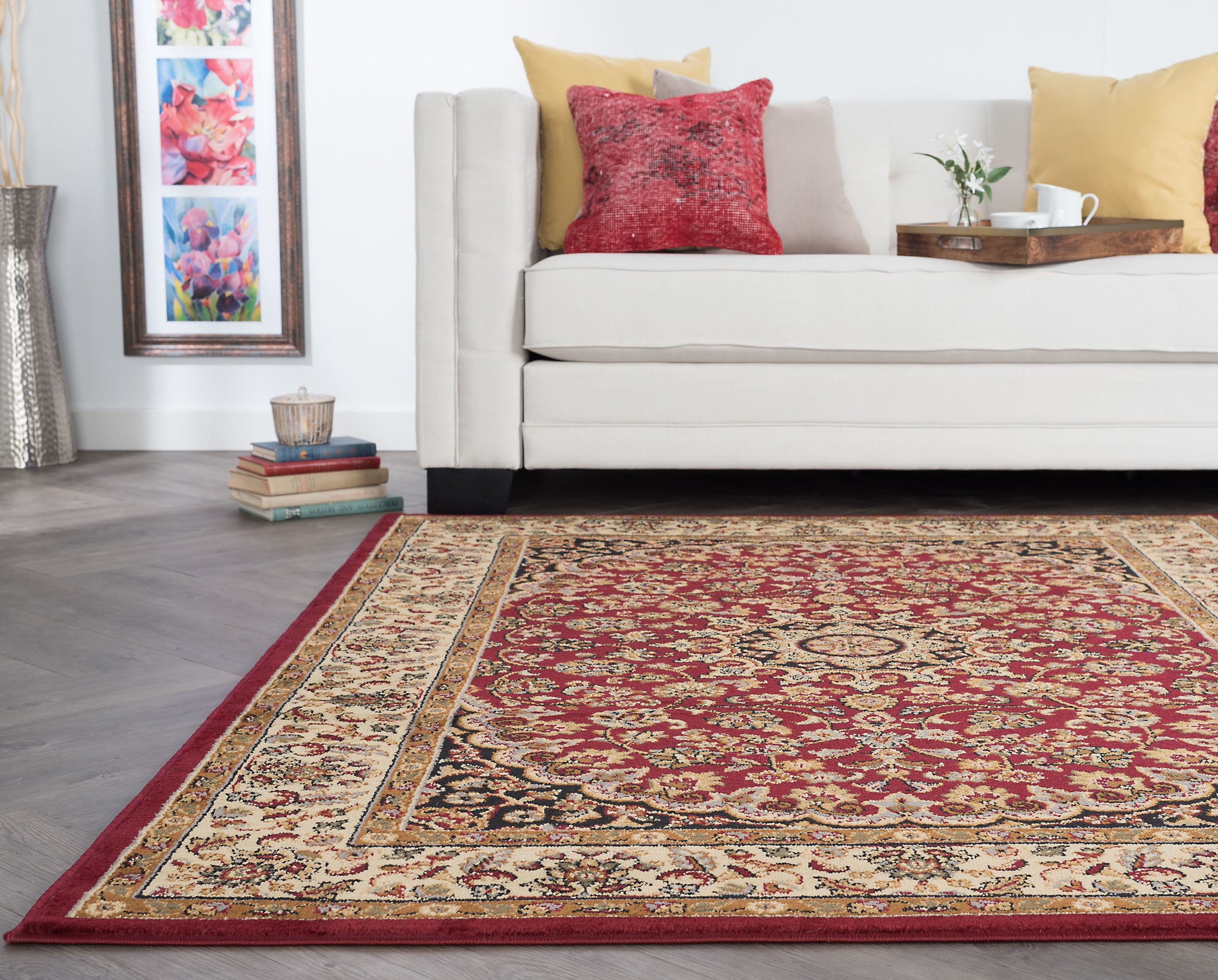 Transitional 9x13 Area Rug (8'9'' x 12'3'') Oriental Red, Beige Living Room Easy to Clean