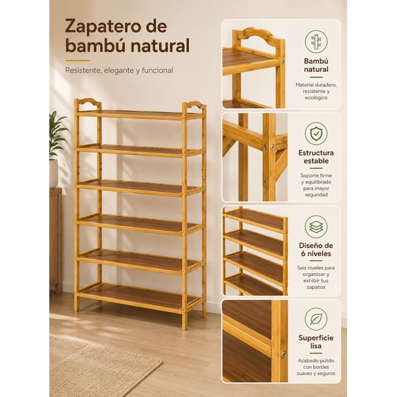 Zapatera Organizador de Bambu en Plano 6Niveles para Almacenamiento de Zapatos, 68x23x96.5 cm