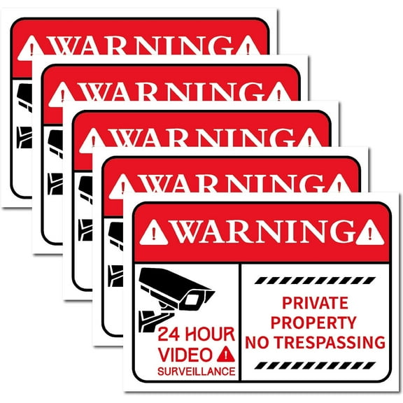 5Pcs 24 Hour Video Surveillance Sign Sticker Warning Stickers 10 x 7in Private Property No Trespassing Vinyl Decal Waterproof Labels Adhesive Security Camera Signs Safe Indoor Outdoor