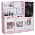 thumbnail image 3 of Qaba Play Kitchen, Pretend Kids Kitchen Playset with Play Phone, Chalkboard, Towel Rack, Ice Maker, 5 Accessories, Storage Space & Microwave, Pink, 3 of 10