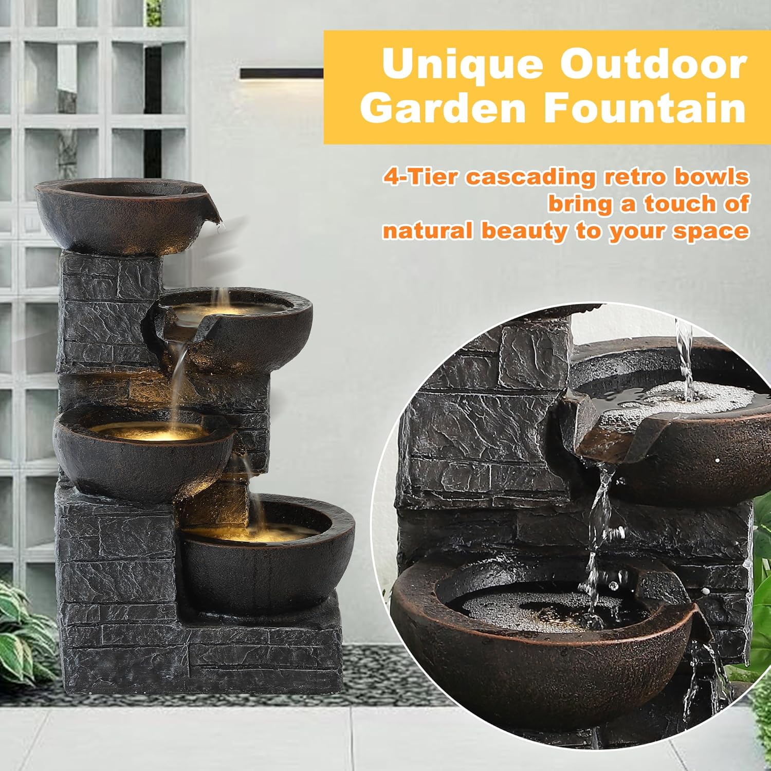 Magic Union Outdoor Water Fountain, 4-Tier Cascading Rock Bowls Waterfall Fountains w/LED Lights for Garden Yard Decor, Indoor Floor-Standing Resin Water Feature for Patio Deck Porch and Home