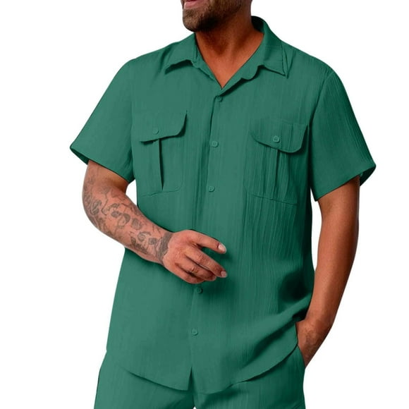 LNWUY Chemises en Lin pour Hommes Manches Courtes Col à Revers Chemises Boutonnées en Coton Chemises d'Été de Plage Chemises Hawaïennes de Vacances avec Poches Vert m
