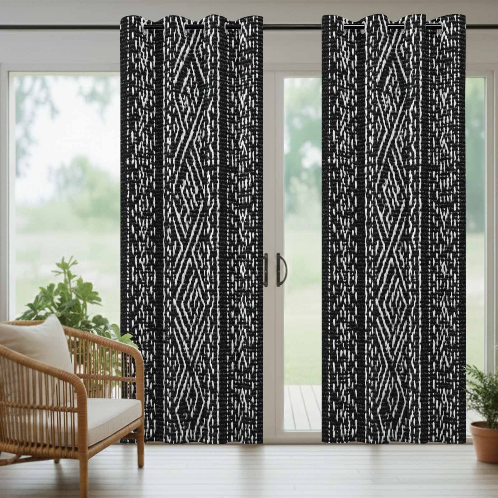 Black and White Geometric Outdoor Curtains for Patio, Boho Ethnic Stripe Woven Texture Sunshade Privacy Drapes Grommet Waterproof Outside Curtains for Porch/Cabana/Balcony 54"x 108", 1 Panel