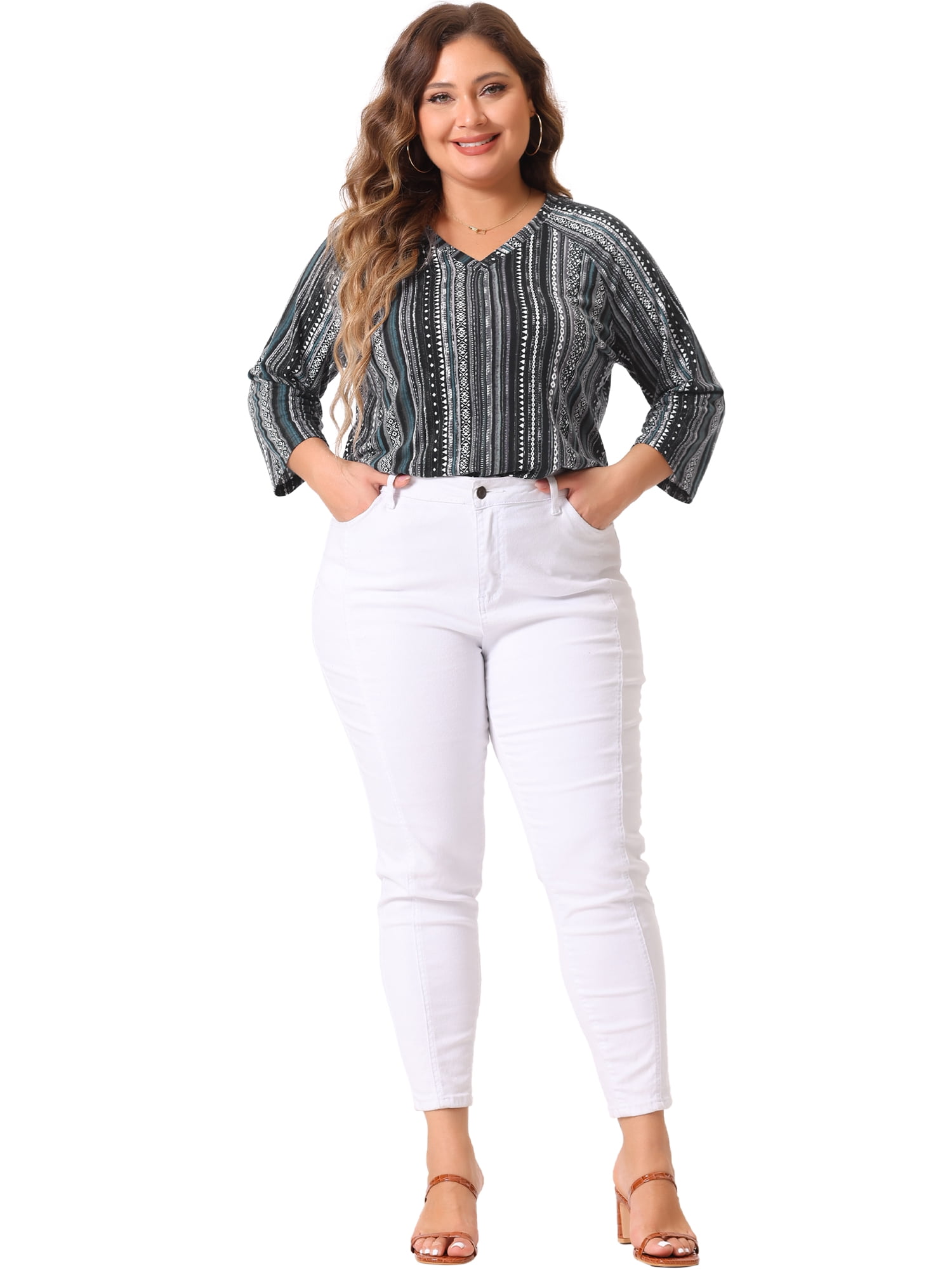 Women's Plus Tops V Neck 3/4 Sleeve Knit Blouse Tee Shirt Stripe Boho Tops 1X Black