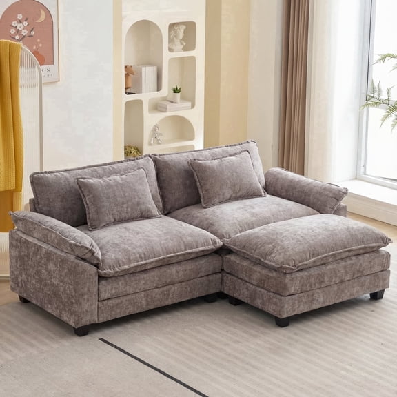 IPKIG 3-Seat Sectional Sofa Sleeper with 2 Ottomans, Modern Light Gray Chenille Cloud Couch for Living Room, Deep Seating and Comfort Pillows