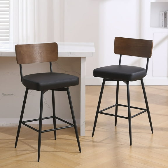 ANMINY Swivel Bar Stools Set of 2, 29" Seat Height, Upholstered Faux Leather Counter Barstools with Wood Backs and Metal Legs, Counter Height Bar Stool for Kitchen Island