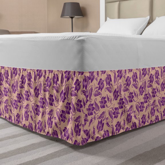 Floral Bed Skirt, Continuous Composition of Tropical Flowers Curly Ornaments Illustration, Elastic Bedskirt Dust Ruffle Wrap Around for Bedding Decor, 4 Sizes, Pale Salmon and Purple, by Ambesonne