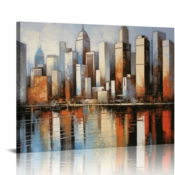 JRXY Brooklyn Bridge Wall Art Modern New York City Abstract Canvas Cityscape Painting Large Size Framed, Colorful NYC Skyline Textured Picture for Living Room Bedroom Home Wall Decor 20x16in