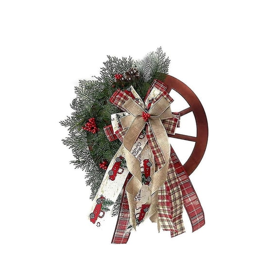 Christmas Bow Horse Wheel Pinecone Wreath - Rustic Wooden Door Hanging Farmhouse Wagon Wheels Wreath Christmas Wreath For Front Door Winter Holiday Decoration 12 Inch