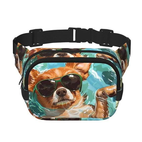 Rateoe Funny Swimming Chihuahua Print Fanny Pack Belt Bag for Women and Men, Square Double-Layer Waterproof Waist Pack with Adjustable Strap for Hiking, Jogging, Cycling