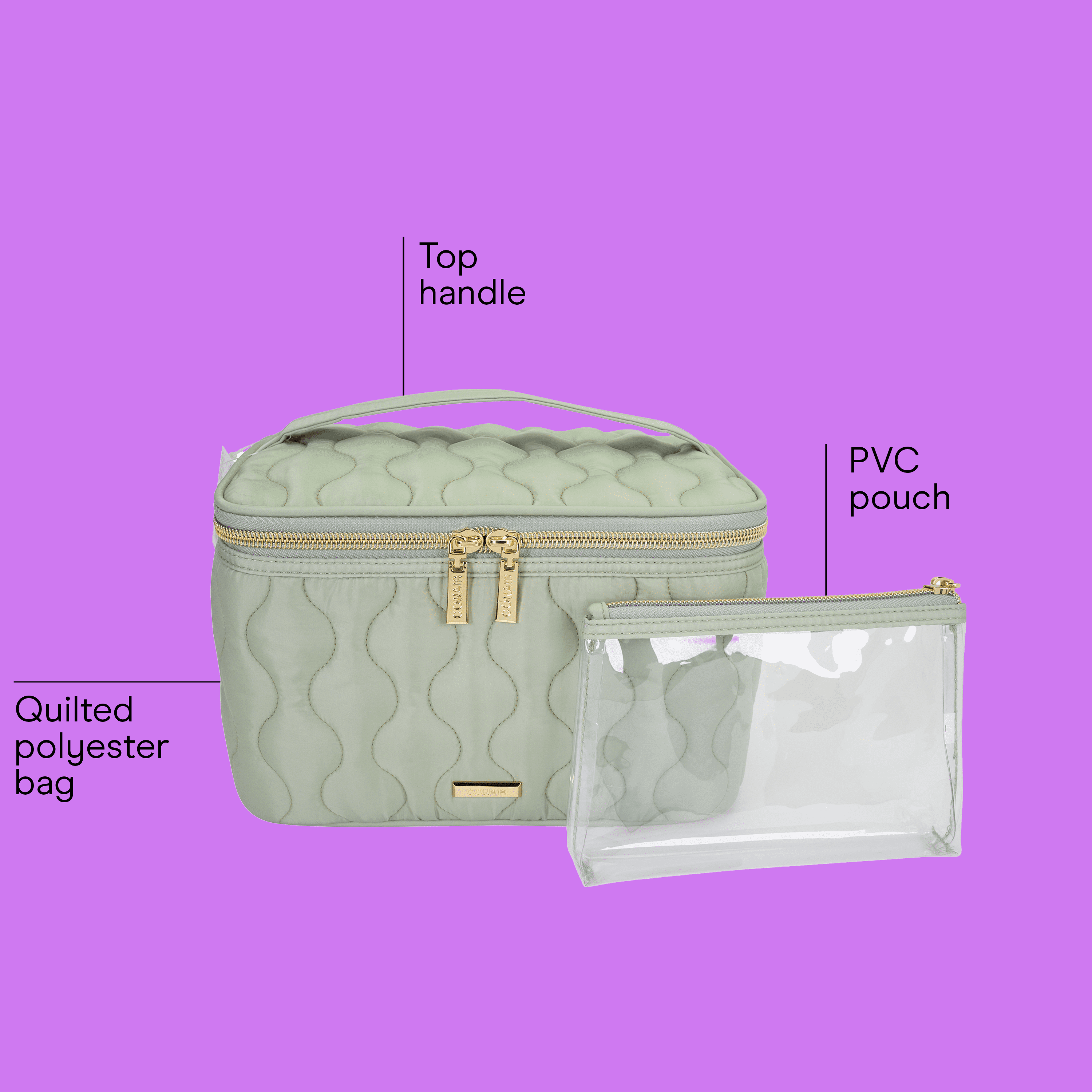 Conair Sage Green Train Case Set, 2-Piece Travel Organizer with Clear Pouch