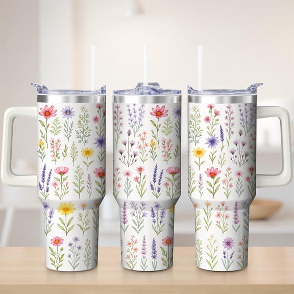 Floral Wildflower Stainless Steel Insulated Mug with Lid and Handle, 30oz