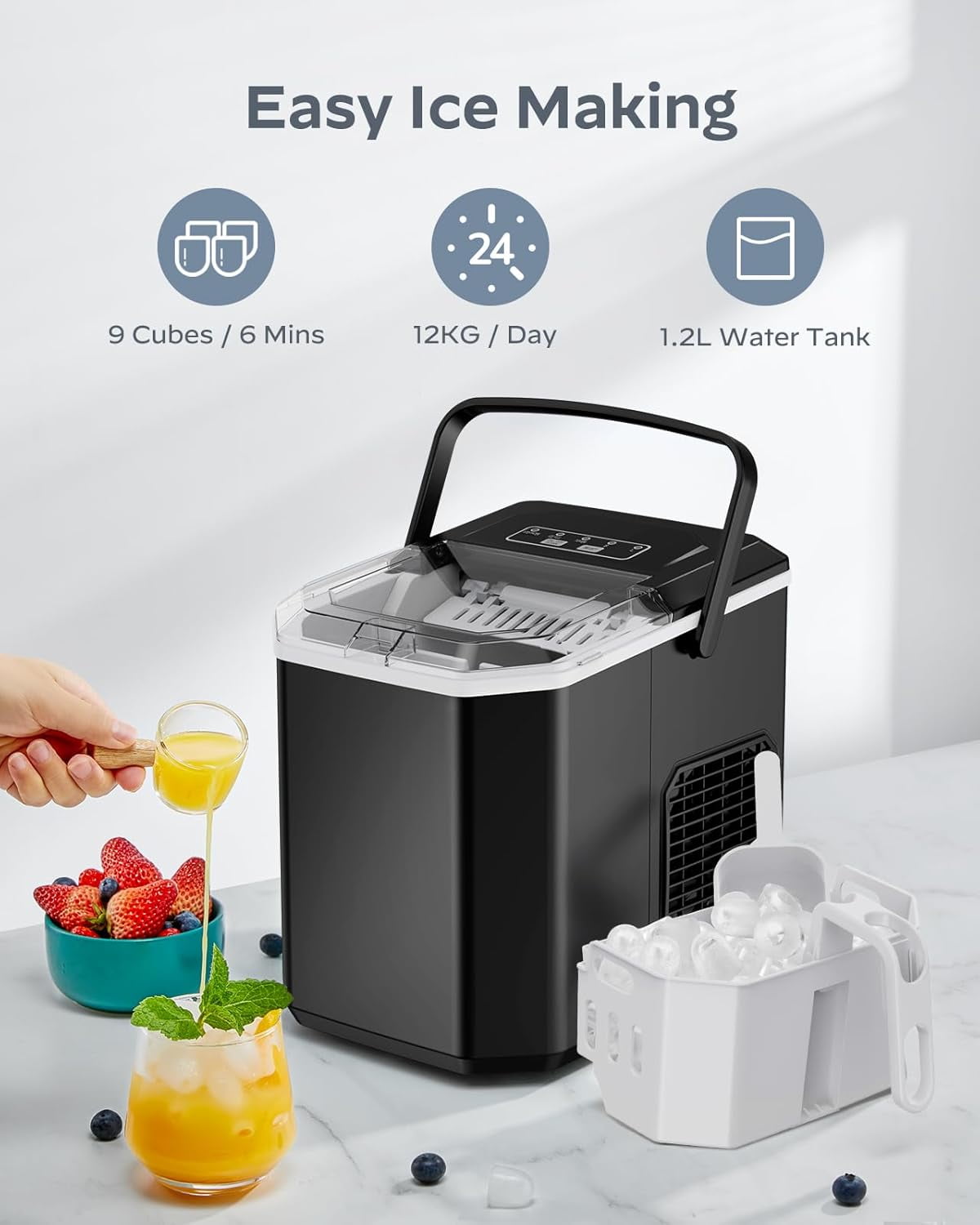 Ice Maker Countertop Machine with Handle, 26lbs in 24h, 9 Ice Cubes Ready in 6 Mins, Self-Cleaning Ice Makers with Basket and Scoop, Ideal for Home, Kitchen, Camping, RV