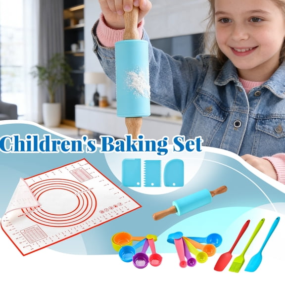 19-Piece Kids Baking Set, BPA-Free Silicone Measuring Mat, Wood Rolling Pin, Whisk Spatula, Child-Friendly Kitchen Tools for Learning