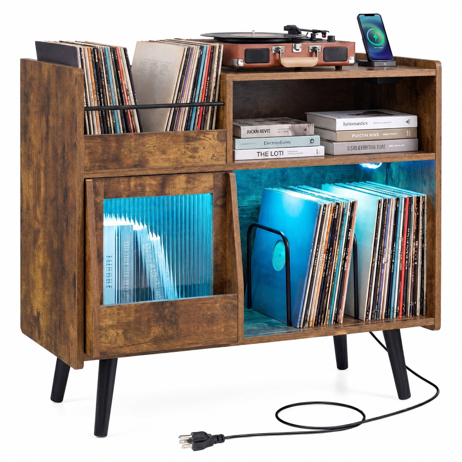 Furnibear Record Player Stand with RGB LED Light Power Outlets USB Type-C Ports and Sliding Glass Door for Living Room, Rustic Brown