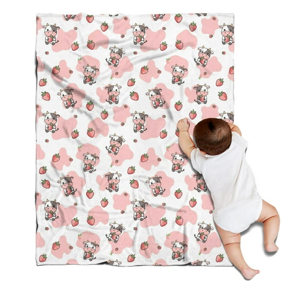 White Cow Strawberry Pattern Blanket,Comfortable Soft Flannel Throw Blanket,All Season,Warm Lightweight Blankets for Sofa Bed Couch Living Room Chair,30"x40"