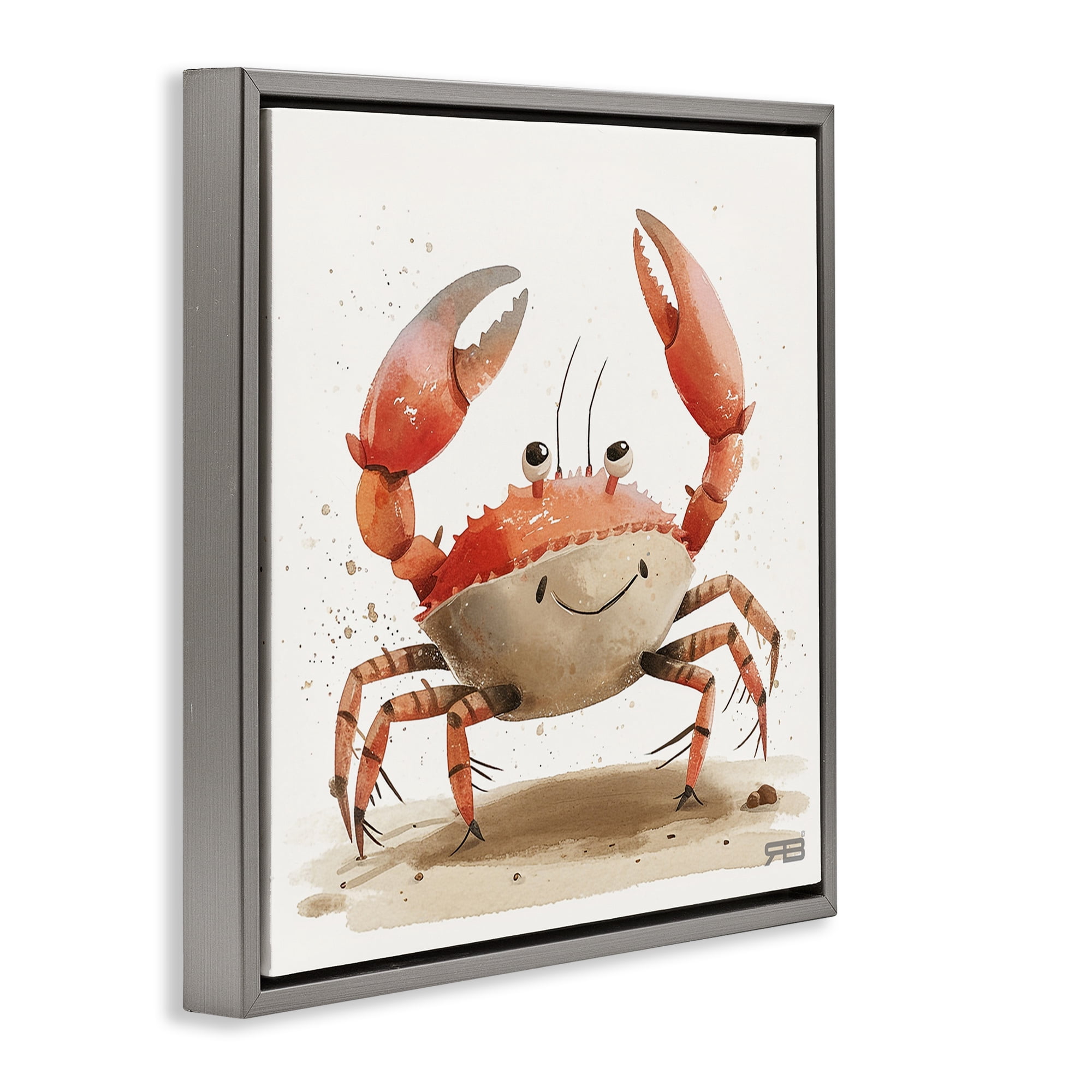 Stupell Industries Happy Beach Crab Animals Painting Gray Floater Framed Canvas Art Print Wall Art, 18 x 18
