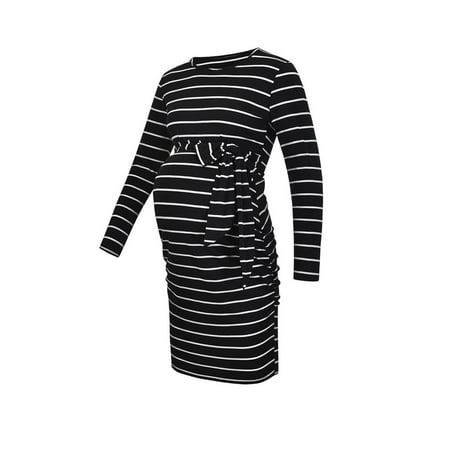 

LoyisViDion Womens Maternity Dresses Clearance Pregnant Women Clothes Long Sleeve Round Neck Stripe Maternity Dress with Belt Black M