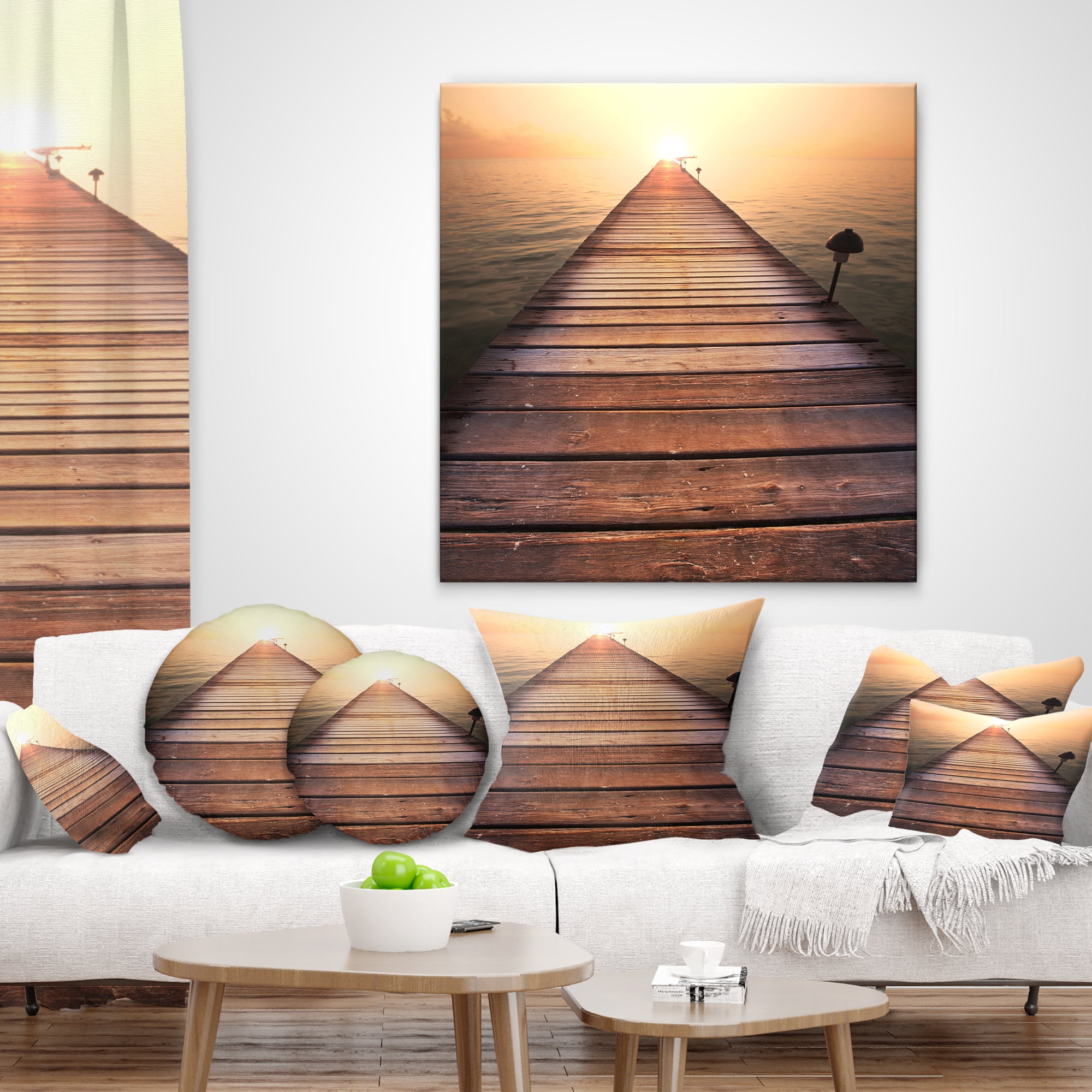 Designart Long Wooden Boardwalk into Sea - Seashore Throw Pillow - 16x16