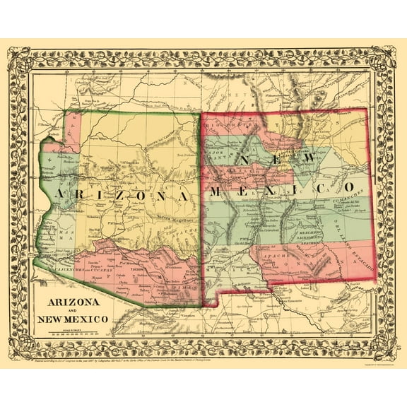 Historic State Map - New Mexico Arizona - Mitchell 1867 - 23 x 28.30 - Vintage Wall Art