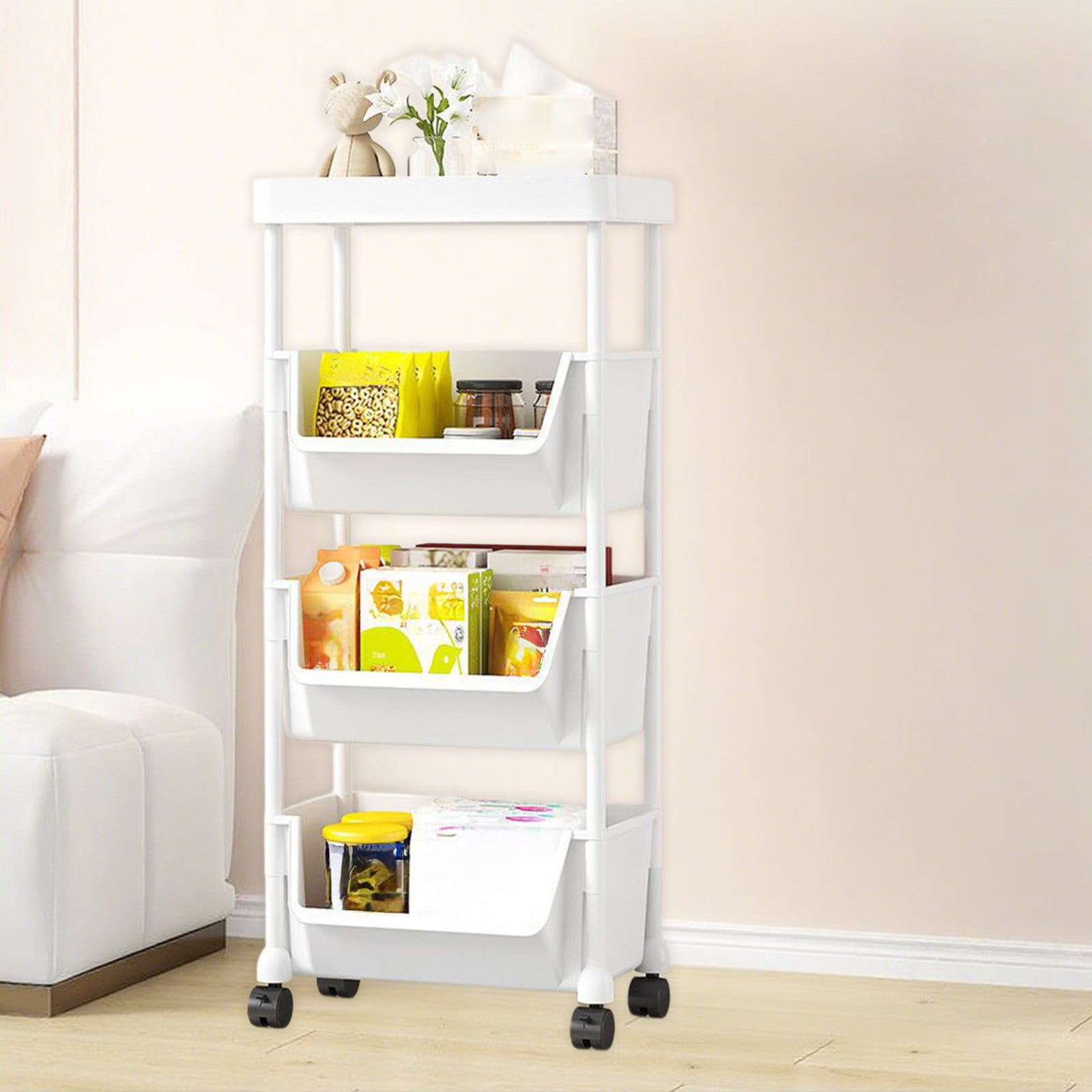 Plastic Storage Shelf Multi-Tier Plastic Storage Shelf with Wheels Movable Organization Rack for Living Room Bedroom Kitchen Bathroom Home Storage Solution with Hooks and Heavy Duty Frame