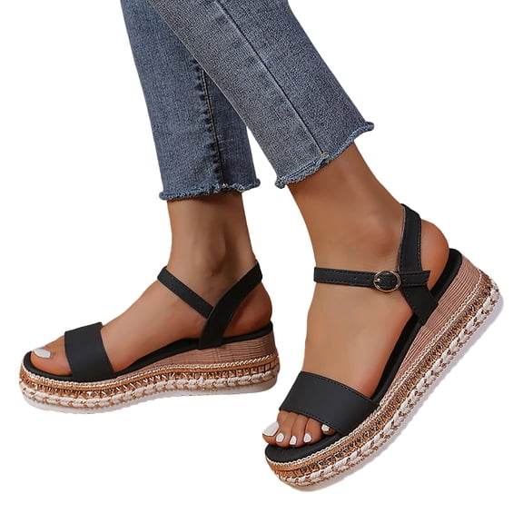 Womens Platform Wedge Sandals Beach Casual Studded Chunky Footbed Open Toe Ankle Strap Dressy Summer Shoes