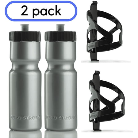 50 Strong Bike Bottle Holder with Water Bottle - 2 Pack - 22 oz. BPA Free Bicycle Squeeze Bottle and Durable Plastic Holder Cage (Silver)