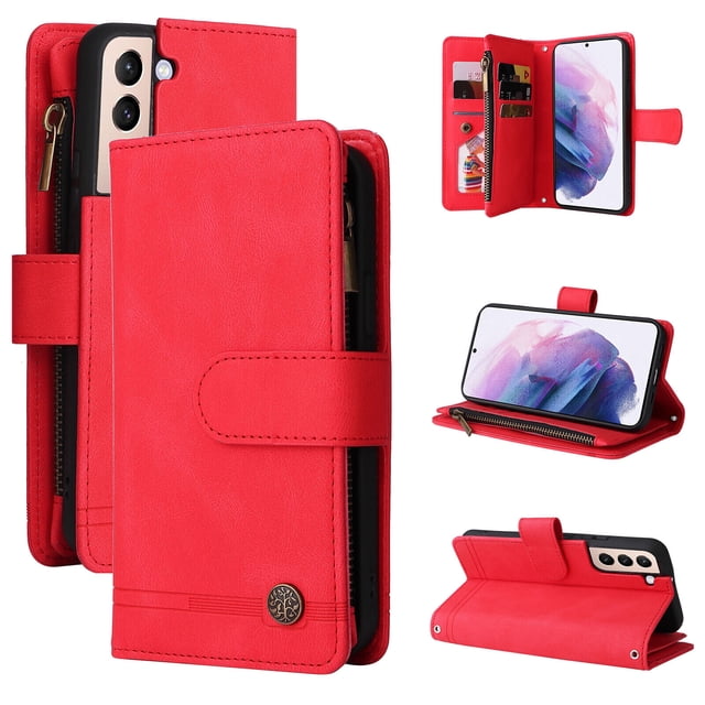 Case for Samsung Galaxy S22 Plus 5G Cover Zipper Pocket Wallet Case Magnetic Protective - Red