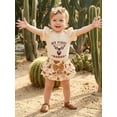 thumbnail image 4 of BemeyourBBs Baby Girl My First Rodeos Outfit Newborn Western Baby Girl Cowgirl Outfit Short Sleeve Letters Deer Print Romper Layered Shorts Skirt with Hairband Summer Clothes 3Pcs Set, 4 of 9