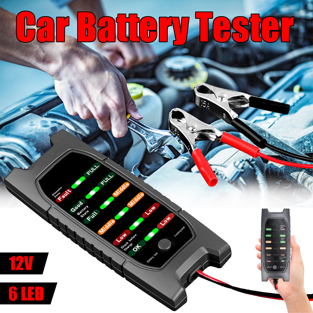 12V Car Battery Tester w/ 6 LED Alternator Check Analyzer Lead