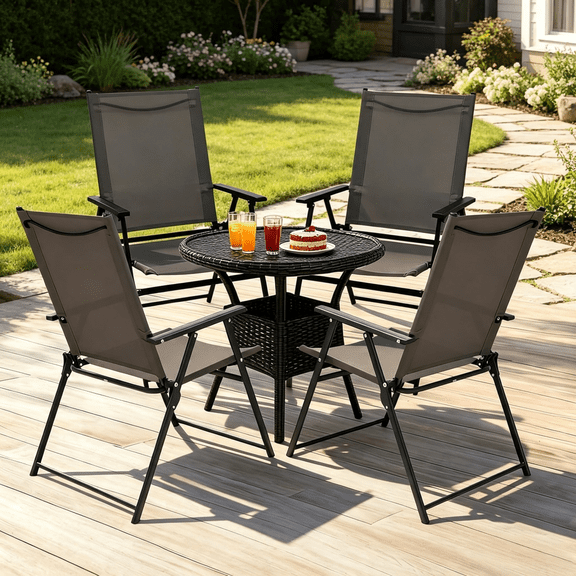 Set of 4 Outdoor Folding Chairs, Portable Patio Dining Chairs with Armrests & High Back, Sturdy Steel Frame for Garden, Lawn, Poolside, Camping (Gray)