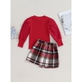 thumbnail image 3 of Kids Little Girls Christmas Outfits Plaid Skirt Set Lantern Sleeve Knit Top and Mini Skirt Sets Fall Party Clothes, 3 of 7