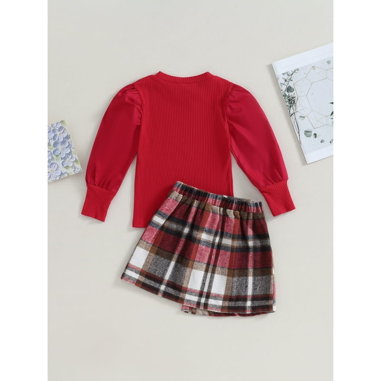 Kids Little Girls Christmas Outfits Plaid Skirt Set Lantern Sleeve Knit Top and Mini Skirt Sets Fall Party Clothes Walmart