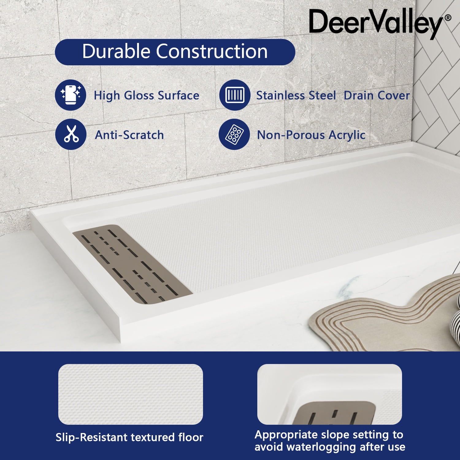 DV-1SB0099L 60" x 32" White Shower Base with Drain Assembly and Drain Cover Included, Non-slip Shower Pan