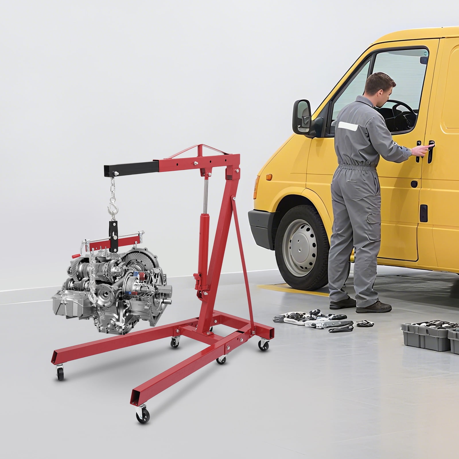Peakora 2T Folding Hydraulic Crane Hydraulic Crane with Engine Leveler & Wheels Heavy-Duty Cherry Picker Shop Crane Oldable Engine Crane Red