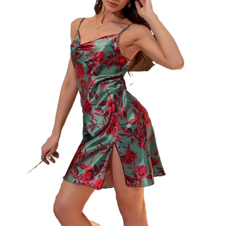 

Elegant Floral Spaghetti Strap Slip Dress Cadet Blue Sleeveless Women Nightgowns & Sleepshirts M
