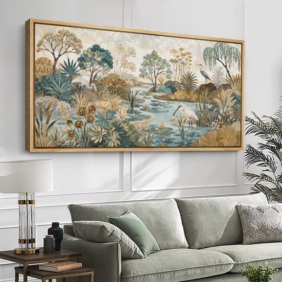 Large Framed Canvas Print Wall Art Botanical River Landscape Artwork Vintage Nature Scene Wall Pictures Decor for Living Room - 60"x30" Natural Frame