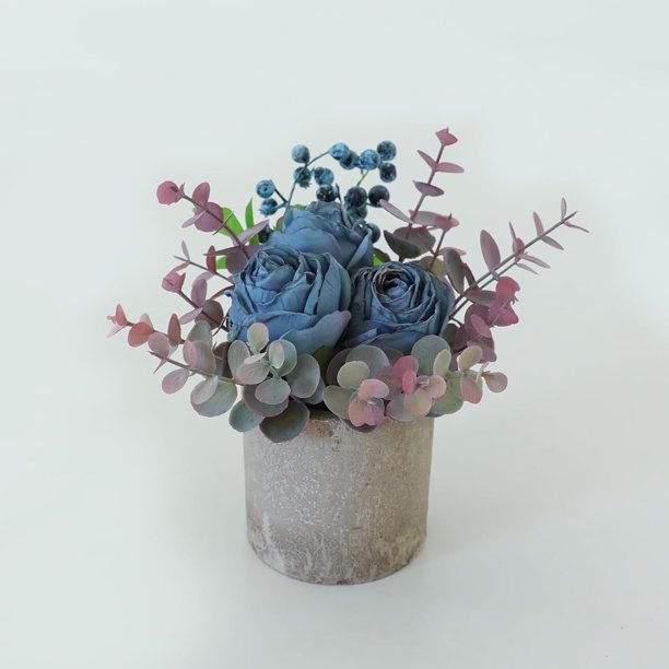 Kit de flores artificiales con maceta, combinación de rosas azules quemadas de seda falsa y vegetación, decoración en maceta de plantas pequeñas para oficinas, estanterías, dormitorios, salas de