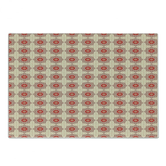 Ethnic Cutting Board, Mandala Inspired Floral Composition with Pale Colored Backdrop, Decorative Tempered Glass Cutting and Serving Board, Small Size, Ruby Beige Dark Coral, by Ambesonne