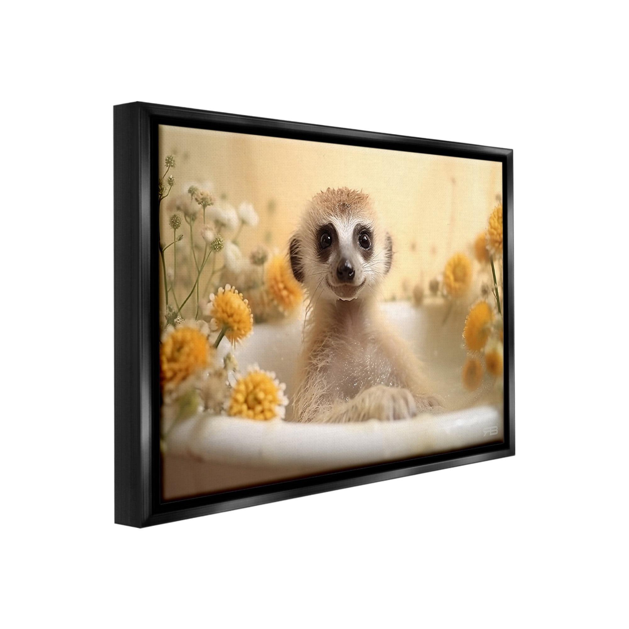 Stupell Industries Meerkat & Floral Bath Animals & Insects Painting Black Floater Framed Canvas Art Print Wall Art, 31 x 25