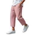 thumbnail image 3 of Xcmzpl Mens Linen Casual Pants Elastic Waist Baggy Straight Leg Trousers with Button Hem Yoga Beach Summer Pocket Cropped Pant Pink L, 3 of 7