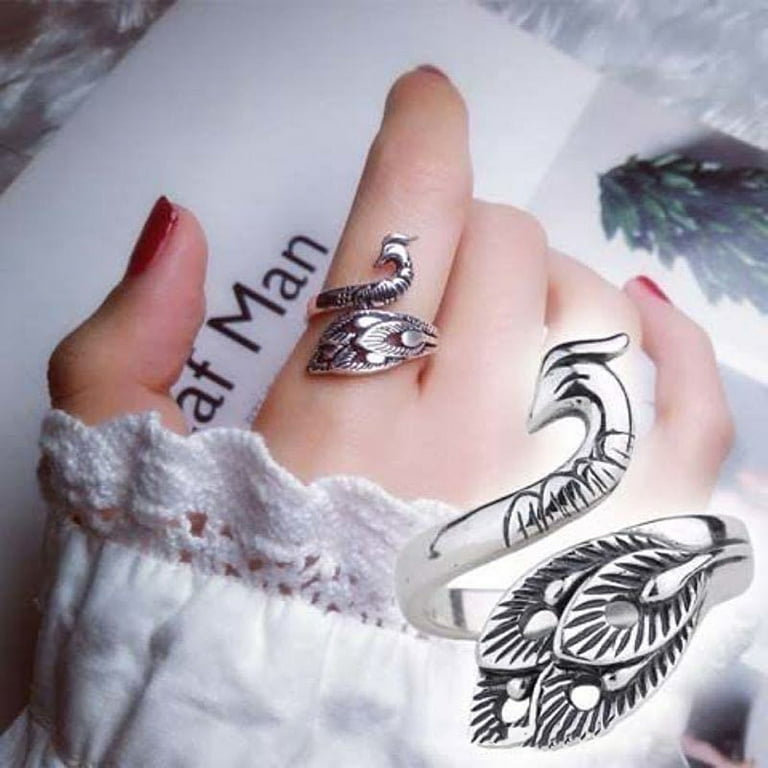 Grandest Birch Retro Adjustable Open Silver Peacock Finger Braided Knitting  Ring Alloy Brown 