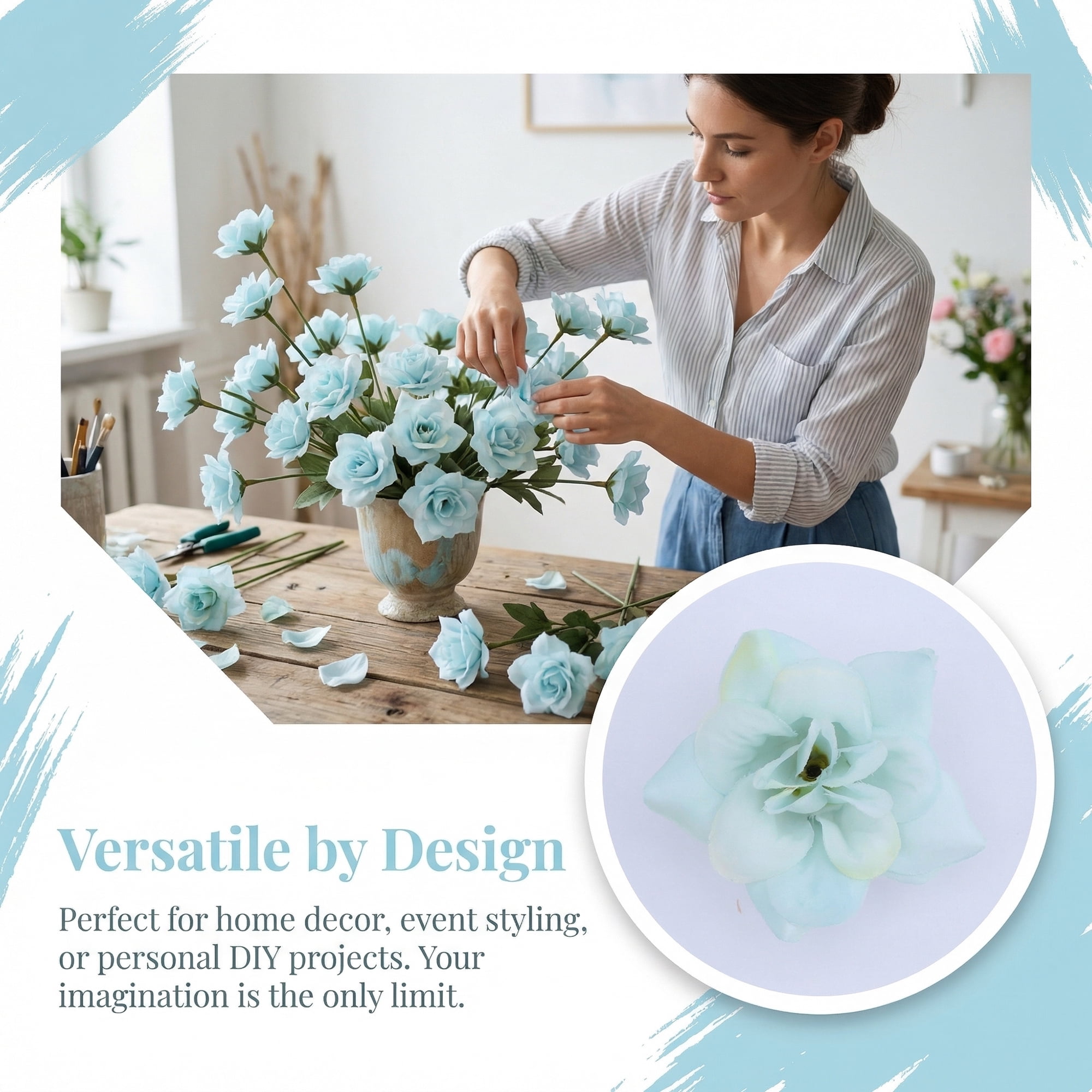Unique Bargains Artificial Roses Bouquet Silk Rose with Detachable Flower [Light Blue]
